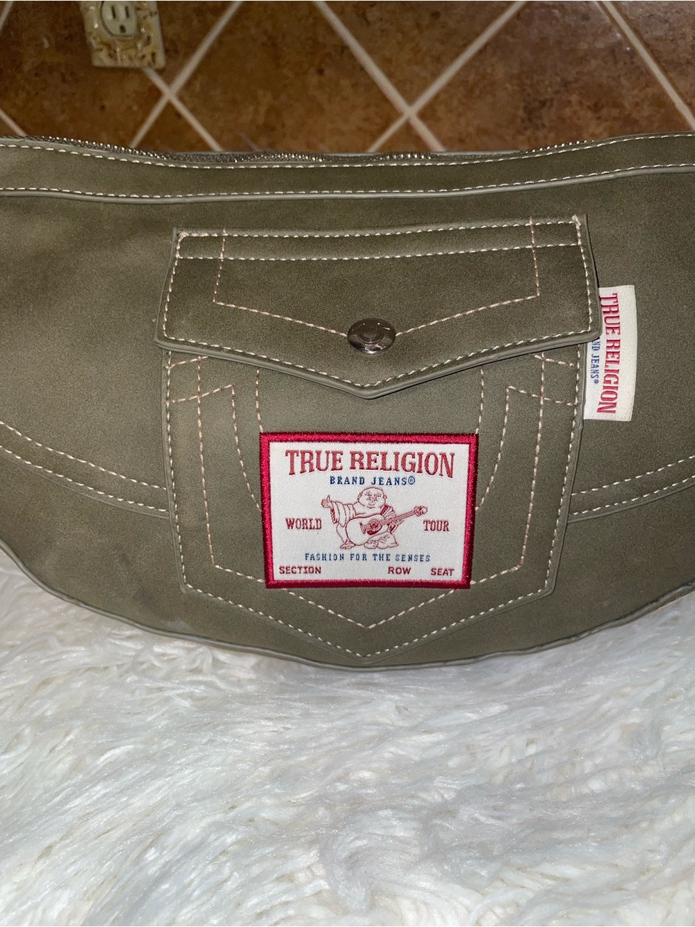 True Religion Olive Green Small Shoulder/Crossbody Bag with Logo Patch
